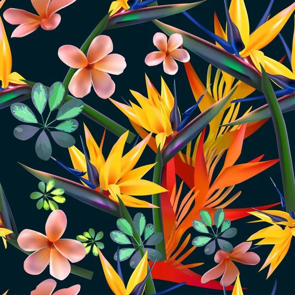 Fleurs tropicales et feuilles motif sans couture — Image vectorielle