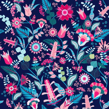 Sorunsuz davranışıydı çiçek desenli parlak renkli çiçek ve yaprak saf halk tarzında siyah arka plan ile. Moda için yaz şablon vektörde yazdırır.