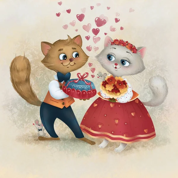 Bitmap Ilustración Gatos Gato Gato Gatos Amor Corazones Regalo Estilo — Foto de Stock