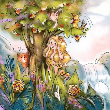 bitmap, illustration, background, garden, Adam and Eve, Eden, papağan, Paradise, Garden of Eden, hide and seek, character, hero