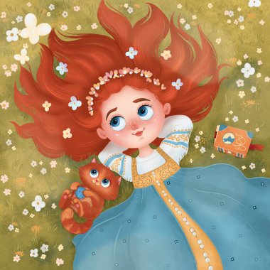 bitmap, illustration, background, girl, cat, meadow, flowers, meadow, girl lying, girl dream, red girl, red cat, grass, character, hero