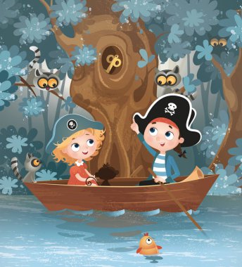 bitmap, illustration, background, korsan girl, korsan boy, children, korsan, boat, sea, fish, lemur, key, hollow, ape, fairy tale character, hero, character