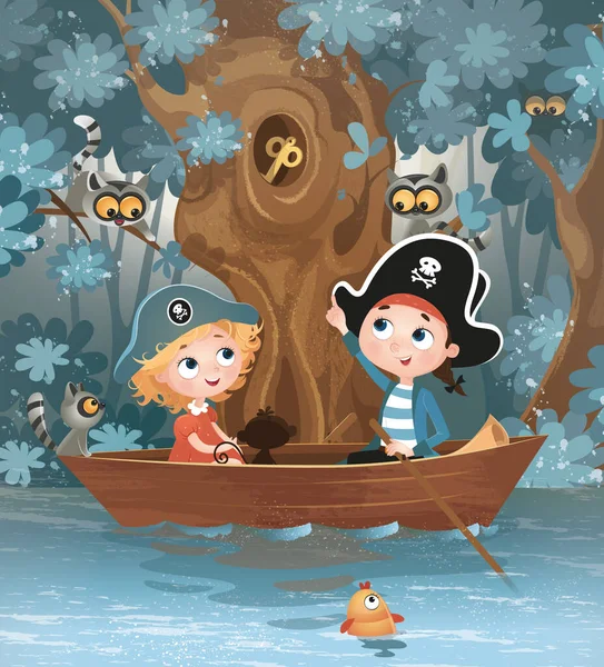 Mapa Bits Ilustración Fondo Chica Pirata Niño Pirata Niños Piratas —  Fotos de Stock