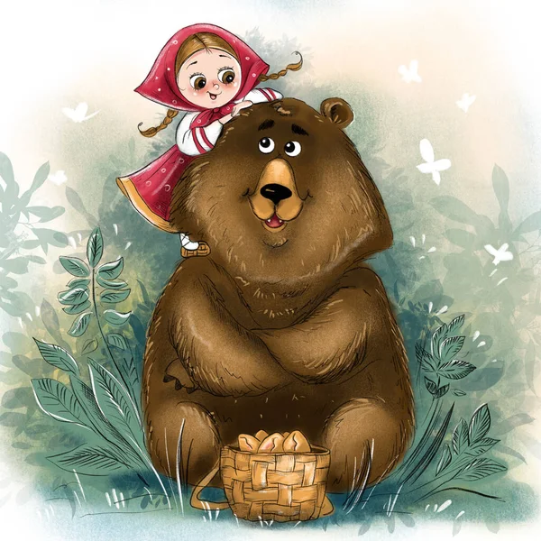 俄罗斯风格的位图 Misha 玛莎和熊 俄罗斯美 童话人物 — 图库照片