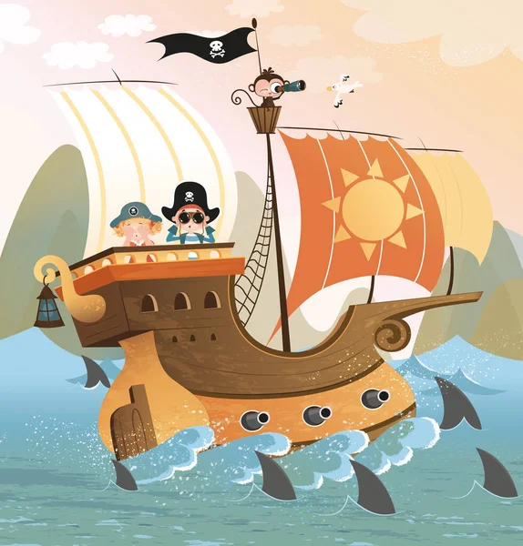 Bitmap Illustration Hintergrund Piratenmädchen Piratenjunge Kinder Piraten Schiff Meer Haie — Stockfoto