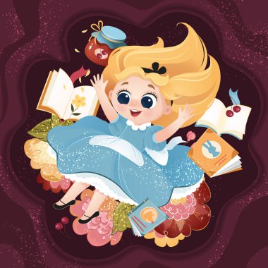  vektör, vektör resmi, küçük kız, Alice, Harikalar Diyarında, Alice sinekler, reçel, kitaplar, karakter, peri masalı kahramanı