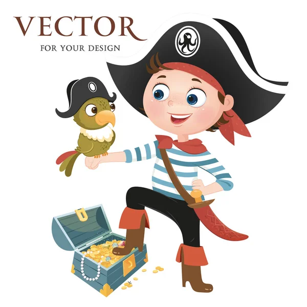 Vector Vector Image Boy Pirate Parrot Chest Saber Treasure Character — Stock Vector