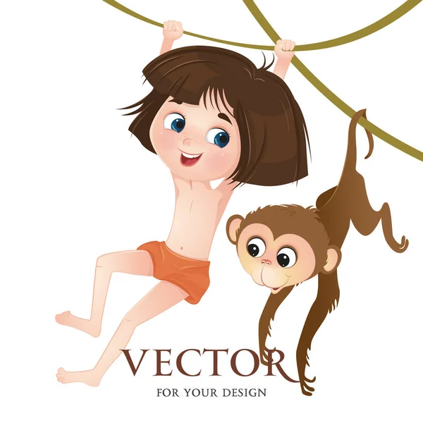 Vektor Vektorbild Junge Mowgli Affe Schlaues Kind Charakter Märchenheld — Stockvektor
