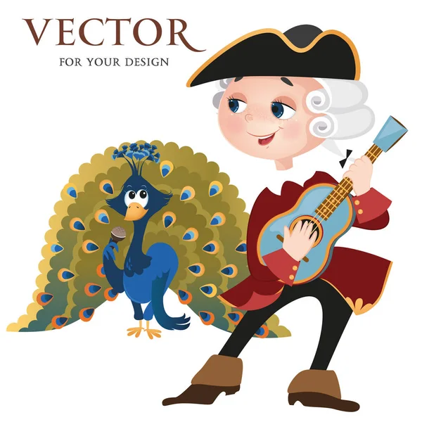 Vector Vector Image Boy Peacock Boy Playing Guitar Peacock Singing — Stock Vector