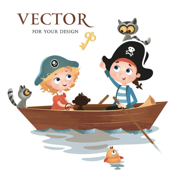 Vector Imagen Vectorial Chica Niño Niños Juego Niños Chica Pirata — Vector de stock