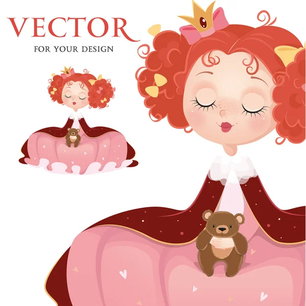 Vektor Vektorbild Kleines Mädchen Prinzessin Kleine Prinzessin Schlafendes Mädchen Bär — Stockvektor