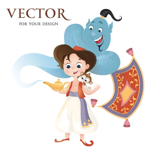 Vektor Vektorbild Junge Aladdin Gin Magische Lampe Affe Zauberteppich Charakter — Stockvektor