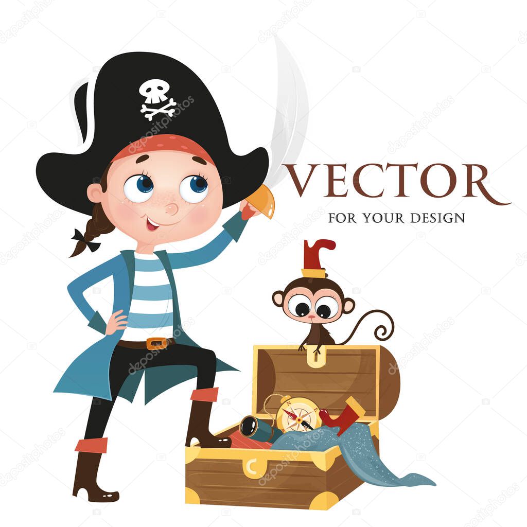 vector, vector image, boy, pirate, saber, chest, treasure, compass, map, monkey, character, fairy tale hero