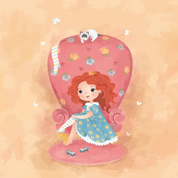 Bitmap Εικονογράφηση Καρέκλα Κορίτσι Κορίτσι Κοριτσάκι Πριγκίπισσα Μικρή Πριγκίπισσα Γατάκι — Φωτογραφία Αρχείου