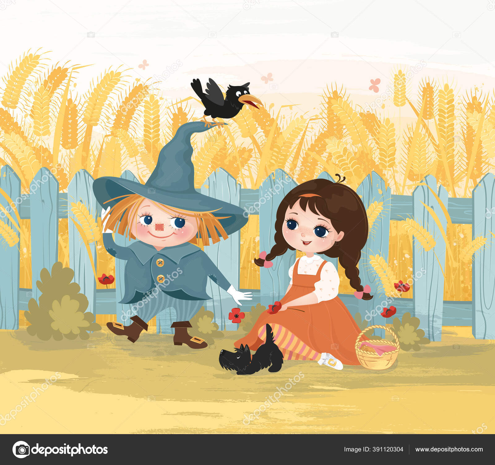 Bitmap Illustration Background Ellie Scarecrow Toto Dog Crow Wheat Field Stock Photo by ©GiuliaRichi 391120304 Bitmap Illustration Background Ellie Scarecrow Toto Dog Crow Wheat Field Stock Photo by ©GiuliaRichi 391120304
