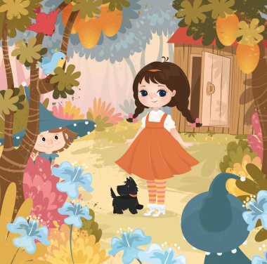 bitmap, illustration, background, girl, house, dog, Toto, forest, flowers, magic forest, wizard of oz, wizard of oz