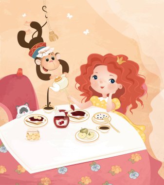 Bitmap, illustration, background, girl, little girl, little Princess, jam, monkey, kitten, Breakfast, Princess Breakfast, tea, sandwich with food, yellow dress, character, hero
