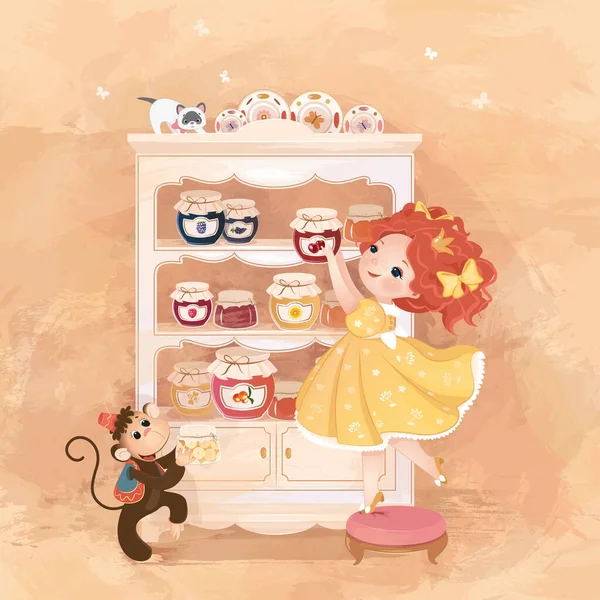 bitmap, illustration, background, girl, little girl, little Princess, Princess, jam, monkey, kitten, buffet, jam jars, yellow dress, character, hero