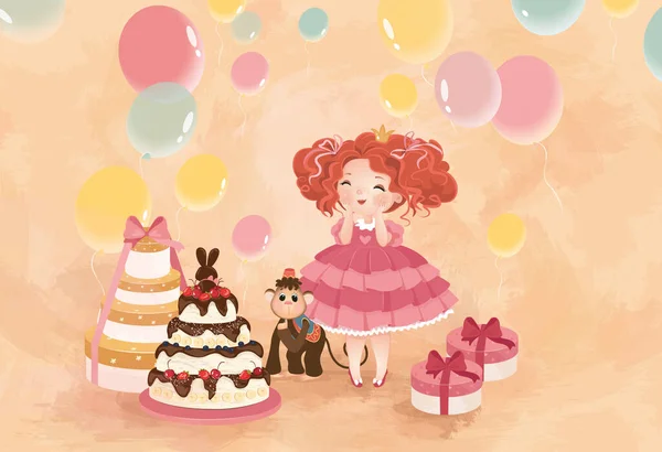 Bitmap Illustrazione Sfondo Ragazza Bambina Piccola Principessa Principessa Scimmia Torta — Foto Stock