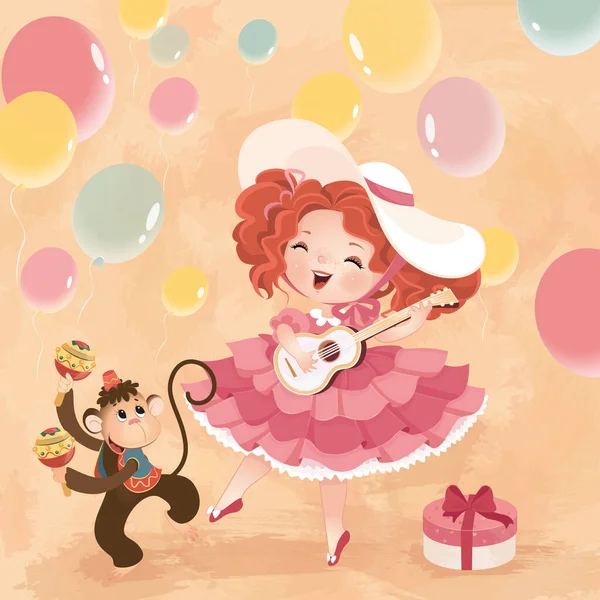 ビットマップ イラスト 女の子 女の子 小さなプリンセス プリンセス 女の子の歌 女の子のダンス ギターを演奏 ピンクのドレス — ストック写真
