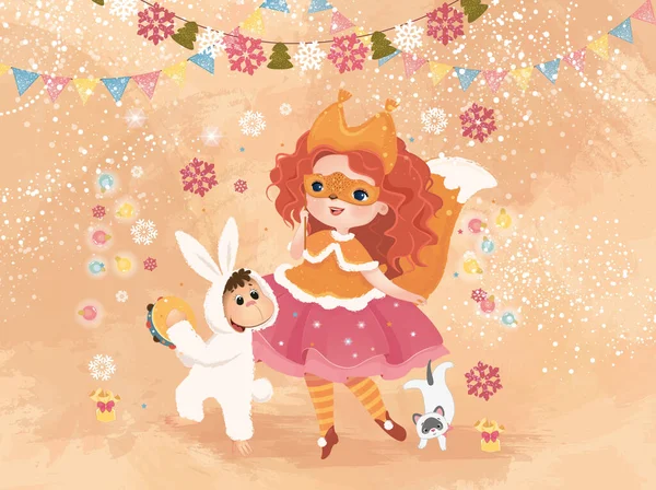 Bitmap Ilustración Fondo Chica Niñita Princesita Princesa Mono Gatito Carnaval — Foto de Stock
