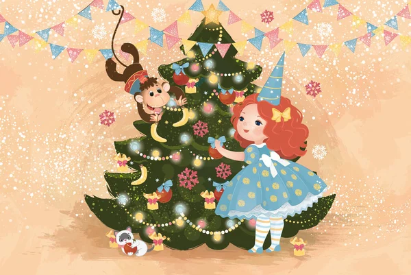 ビットマップ イラスト 女の子 女の子 小さなプリンセス プリンセス クリスマスツリー クリスマスツリーを飾る — ストック写真