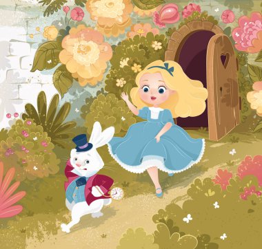Bitmap, Alice, rabbit, chase, girl running, rabbit with glass, door, garden, character, fairy tale hero, Alice in Wonderland, hero