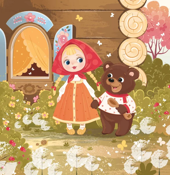 a bitmap image, illustration, background, girl, beauty, Russian style, Russian girl, Masha, bear, Masha and the bear heroes of Russian fairy tales, Russian style, character, character