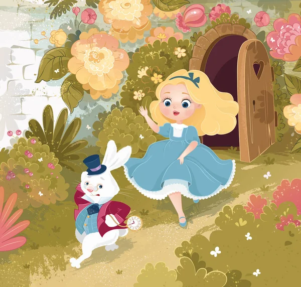 Растровый План Алиса Кролик Погоня Девочка Бежит Кролик Очками Дверь — стоковое фото