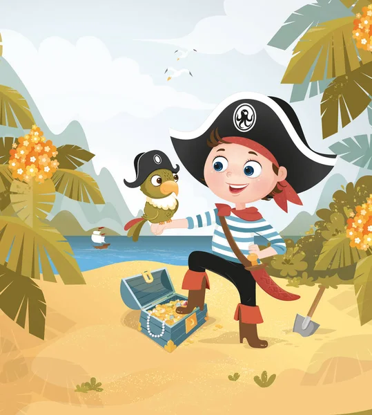 bitmap, illustration, background, boy, pirate, treasure island, parrot, chest, sea, ship, sailboat, treasure chest, treasure, boy pirate, jungle, character, hero