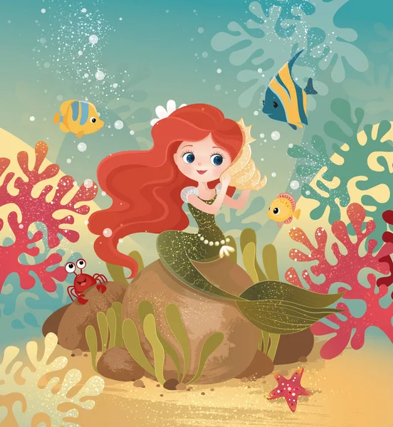 bitmap, illustration, background, little mermaid, sea, sea bottom, fish, shell, crab, starfish, corals, fairy tale, character, hero