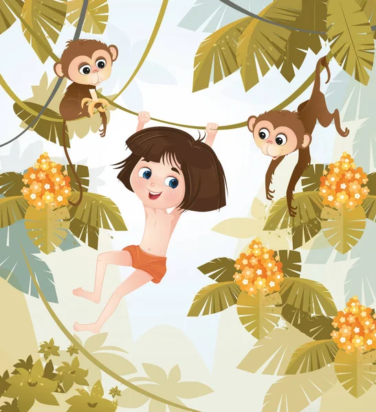 Bitmap Illustration Hintergrund Junge Mowgli Schlingpflanzen Affen Dschungel Tropen Charakter — Stockfoto
