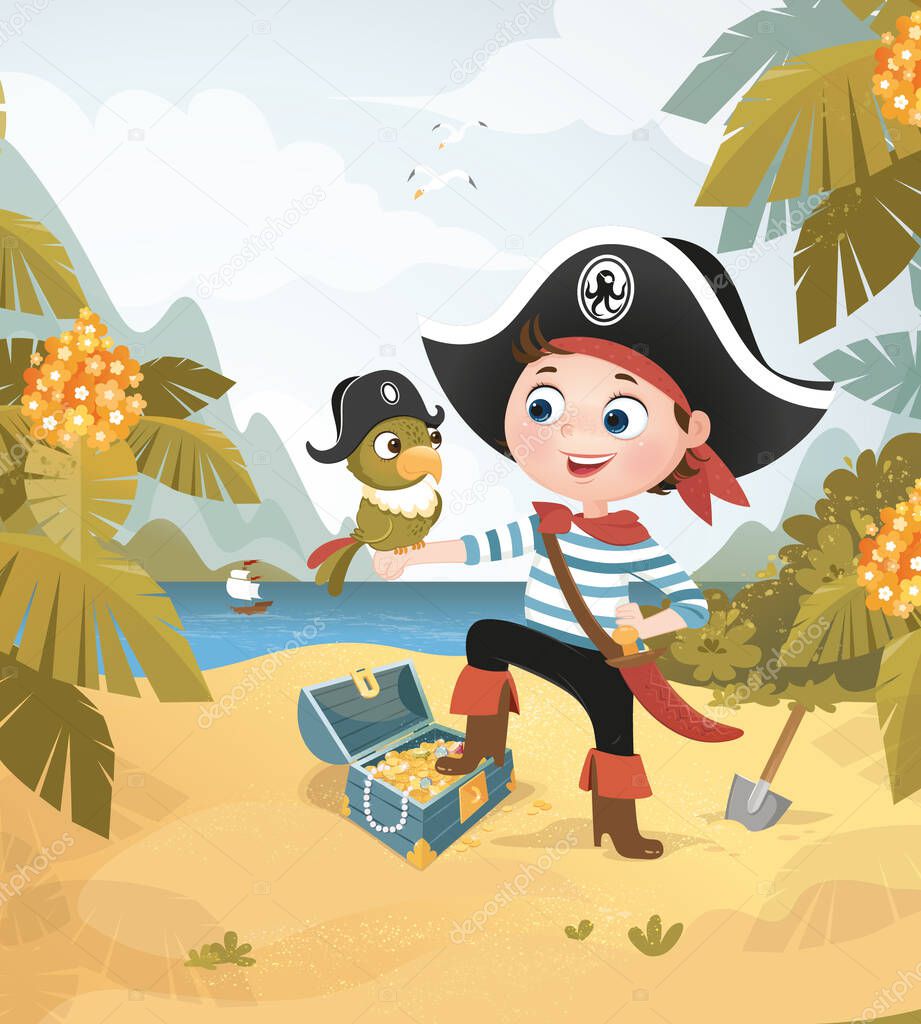  bitmap, illustration, background, boy, pirate, treasure island, parrot, chest, sea, ship, sailboat, treasure chest, treasure, boy pirate, jungle, character, hero