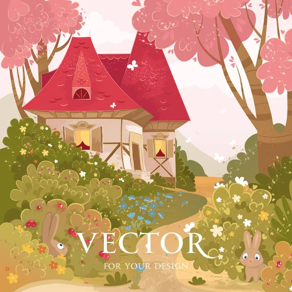 Vector Vector Beeld Boom Bos Konijn Sprookjeshuis Sprookjesbos Mooi Huis — Stockvector