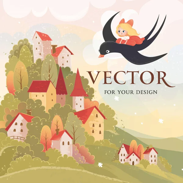 Vector Vector Image Nature Forest Swallow Fairy Houses Nature Girl — Stock Vector