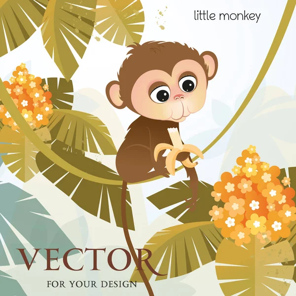 Vetor Imagem Vetorial Macaco Banana Videiras Flores Selva Personagem Herói —  Vetores de Stock