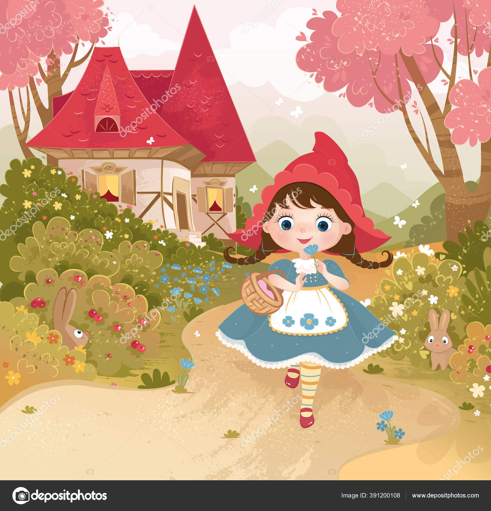 Bitmap Illustration Background Little Red Riding Hood Girl House Forest Stock Photo By C Giuliarichi