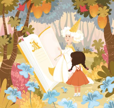 bitmap, illustration, background, good witch, magic book, forest, birds, flowers, girl, fairy tale, wizard of oz, magic, character, hero
