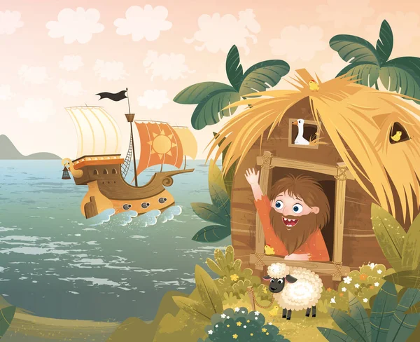 Bitmap Illustration Background Island Robinson Boy Man Island Hut House — Stok fotoğraf