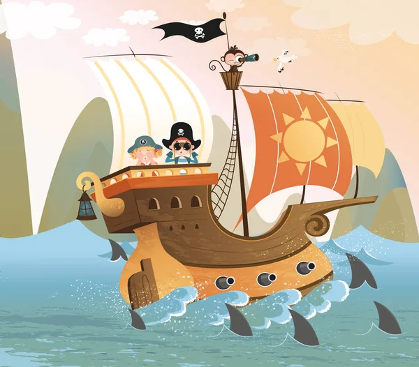 Mapa Bits Ilustración Fondo Isla Piratas Niños Niño Pirata Chica — Foto de Stock