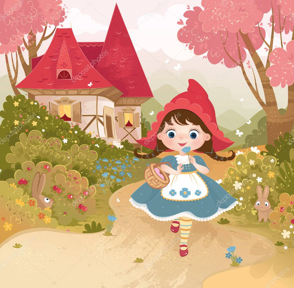  bitmap, illustration, background, little red riding hood, girl, house, forest, rabbits, fairy tale, character, hero