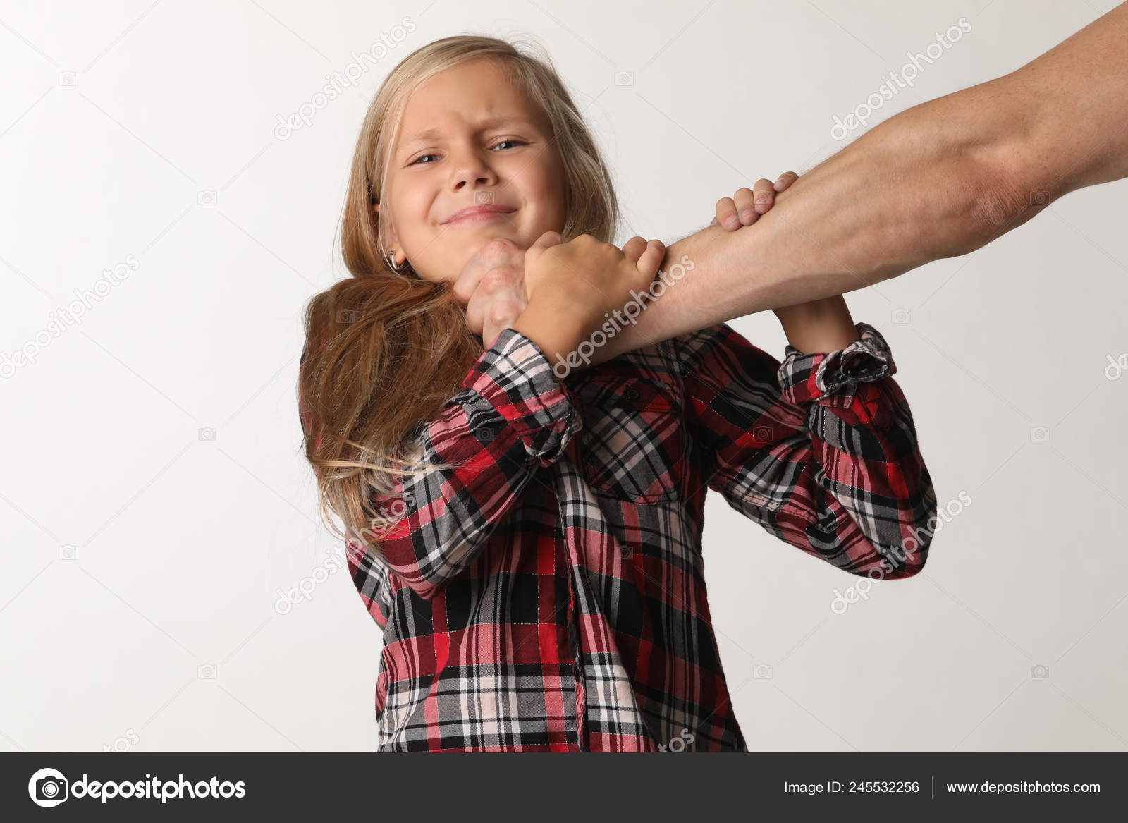 Portrait Girl With Long Blond Hair That Chokes A Male Hand White