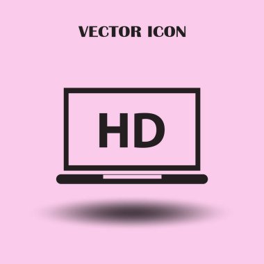 Düz ekran tv ile Hd video etiket vektör simgesi, dizüstü ekran yüksek tanımlı dijital teknoloji simgesiyle