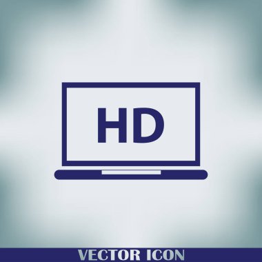 Düz ekran tv ile Hd video etiket vektör simgesi, dizüstü ekran yüksek tanımlı dijital teknoloji simgesiyle