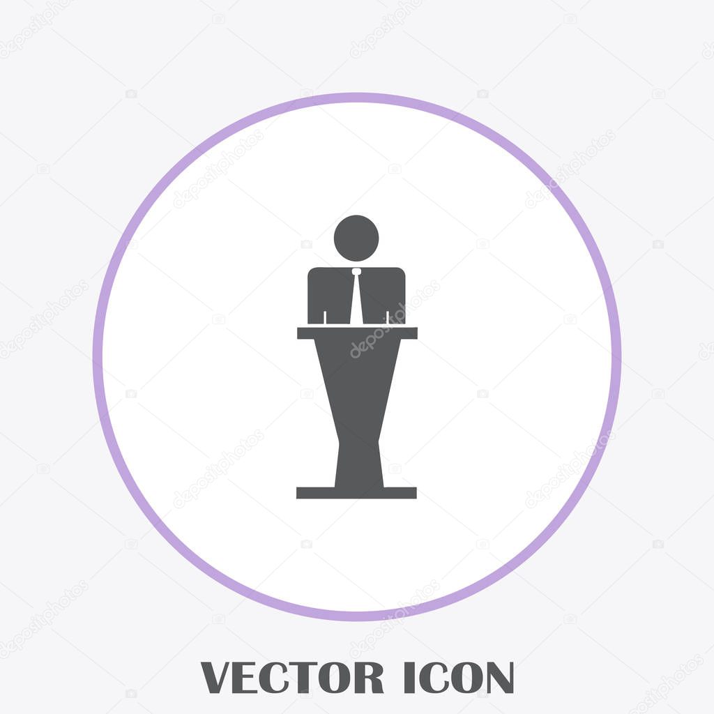 Speaker vector icon. Orator speaking from tribune illustration.