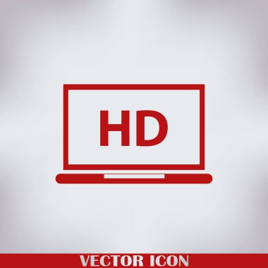 Düz ekran tv ile Hd video etiket vektör simgesi, dizüstü ekran yüksek tanımlı dijital teknoloji simgesiyle
