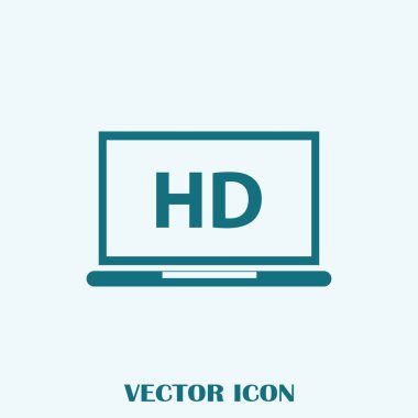 Düz ekran tv ile Hd video etiket vektör simgesi, dizüstü ekran yüksek tanımlı dijital teknoloji simgesiyle
