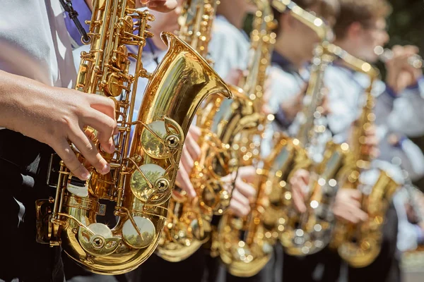 Classic Brass band plays the musical in garden. Musical instrument, brass band and celebration concept