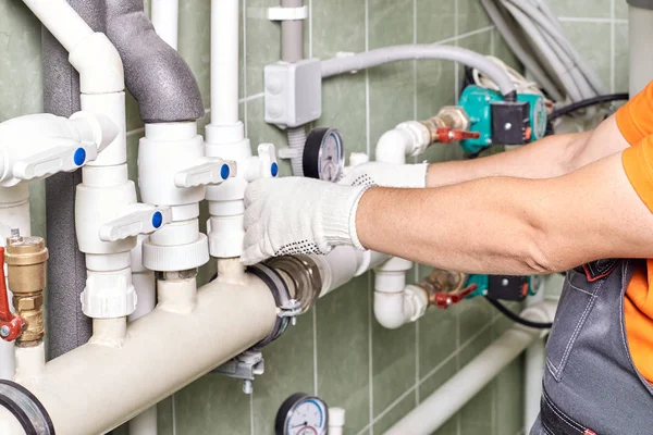 Engineer Controlling Heating Pipes Boiler Room Plumber Doing Maintenance Jobs — Stock Photo, Image