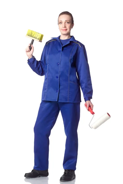 Middle Aged Woman Slavic Appearance Stands Suit Worker Painter Tool — Stock Photo, Image